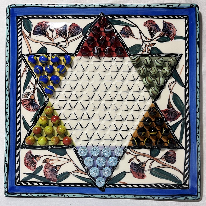 Mary-lou Pittard chinese checkers gum flower design with glass marbles Australian ceramic artist Town & Country Gallery Yarragon Gippsland