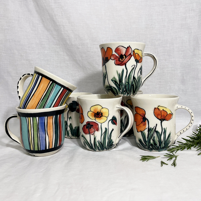 Mary-lou Pittard poppy mugs Australian ceramic artist Town & Country Gallery Yarragon Gippsland