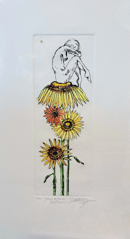 Melissa Wright Places to think Sunflowers 10-45 29x11cm Intaglio Ltd Ed Print Mat board 46x26cm $186 cn118 Australian artist Town & Country Gallery Gippsland