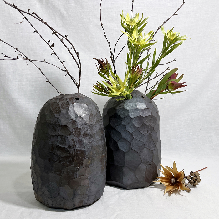 Minna Graham Faceted large bud vases Australian ceramic artist Town & Country Gallery Gippsland