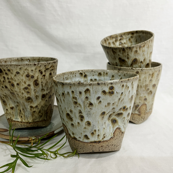 Minna Graham Hand made beaker dimple mugs - freckle approx Australian ceramic artist Town & Country Gallery Gippsland