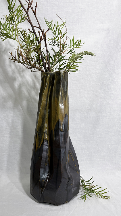 Minna Graham Hand made forest mountain tall vase Australian ceramic artist Town & Country Gallery Gippsland