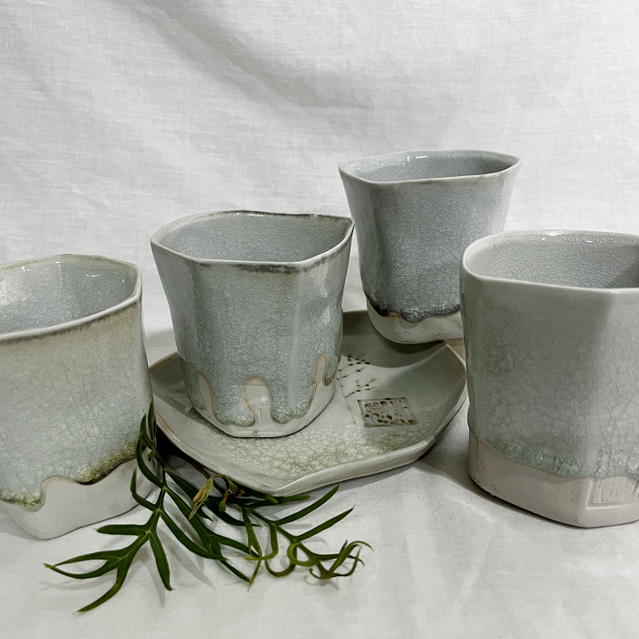 Minna Graham Hand made porcelain angular beaker cups Australian ceramic artist Town & Country Gallery Gippsland