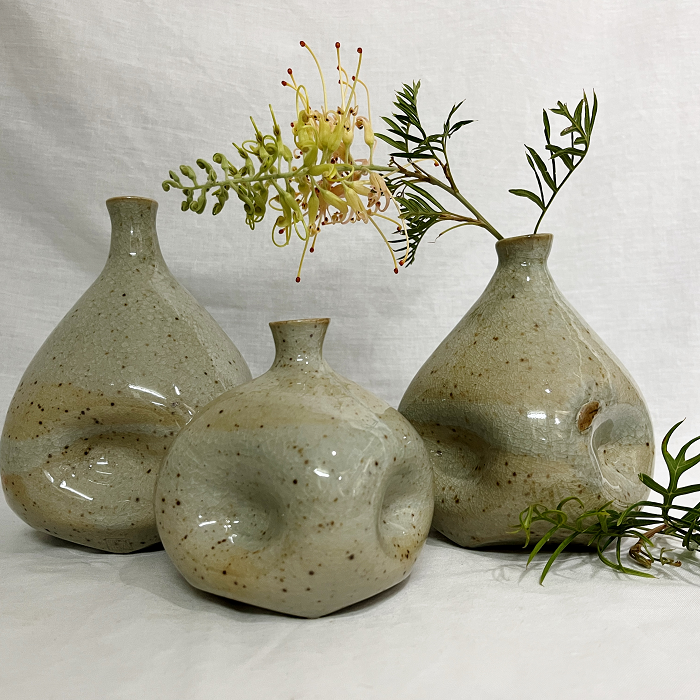 Minna Graham Squish vases - Shino glaze Australian ceramic artist Town & Country Gallery Gippsland