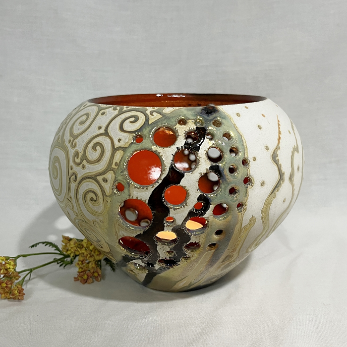 Neil Boughton Raku lustre cutaway candle vase Australian ceramic artist Town & Country Gallery