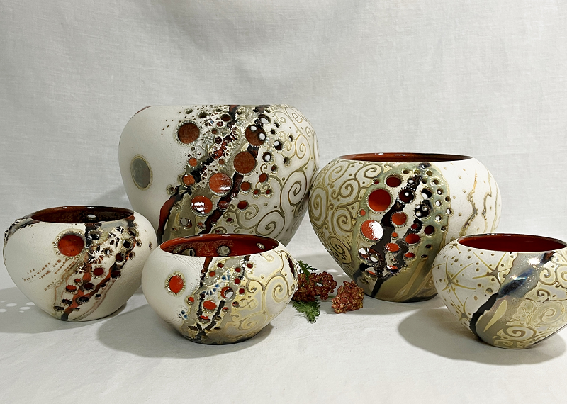 Neil Boughton Raku lustre cutaway candle vases Australian ceramic artist Town & Country Gallery