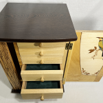 Peter Marshall Heirloom jewellery box cabinet_drawers open Wenge, silver ash, spalted camphor laurel, silver quand 30x30x42cm