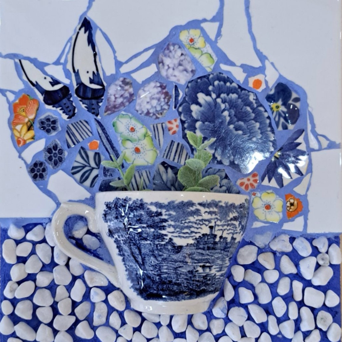 Rachel Knoester Delft bouquet - mosaic wall art china, cermaic tile Australian artist Town & Country Gallery Gippsland