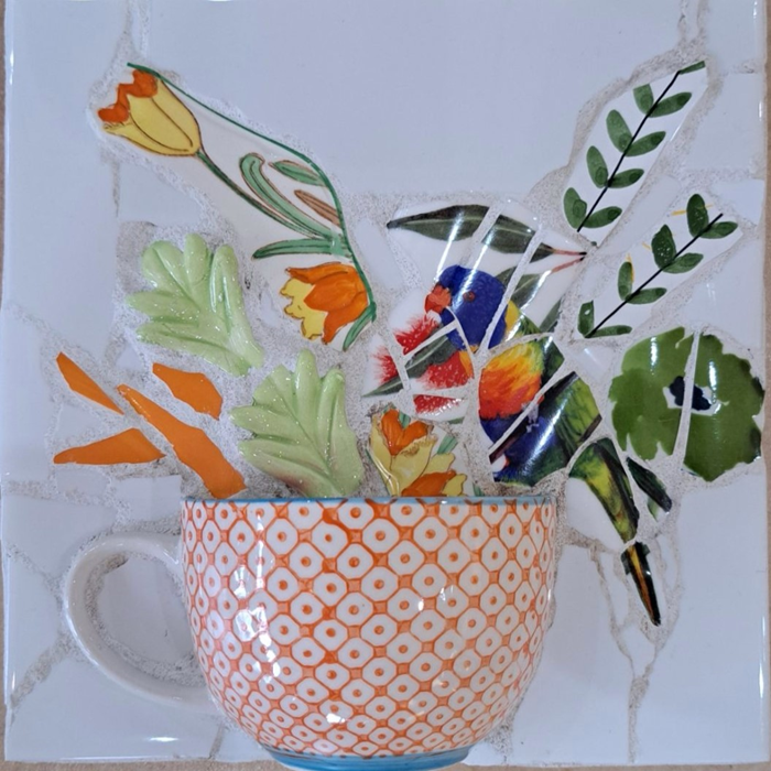 Rachel Knoester Garden tea - mosaic wall art china, ceramic tile Australian artist Town & Country Gallery Gippsland