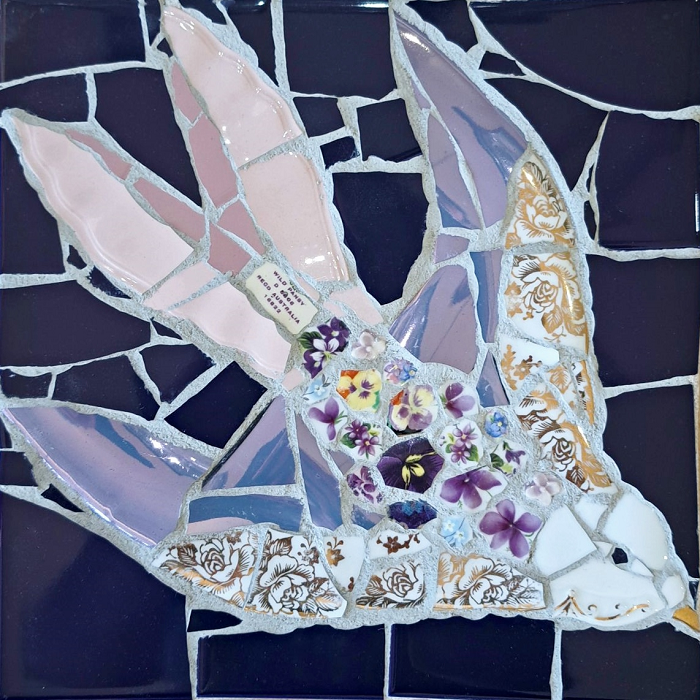 Rachel Knoester Wild pansy Dove mosaic wall art Australian artist Town & Country Gallery Gippsland