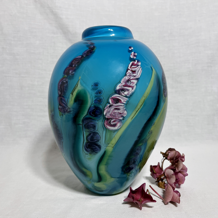 Roberta Easton Aqua Foxgloves glass vase Australian artist Town & Country Gallery Gippsland