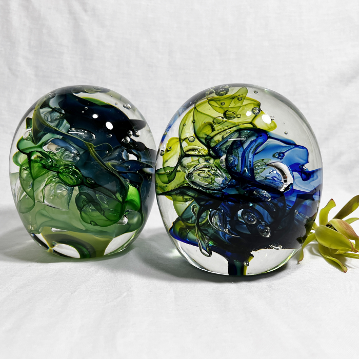 Roberta Easton Blue Green glass paperweights Australian artist Town & Country Gallery Yarragon Gippsland