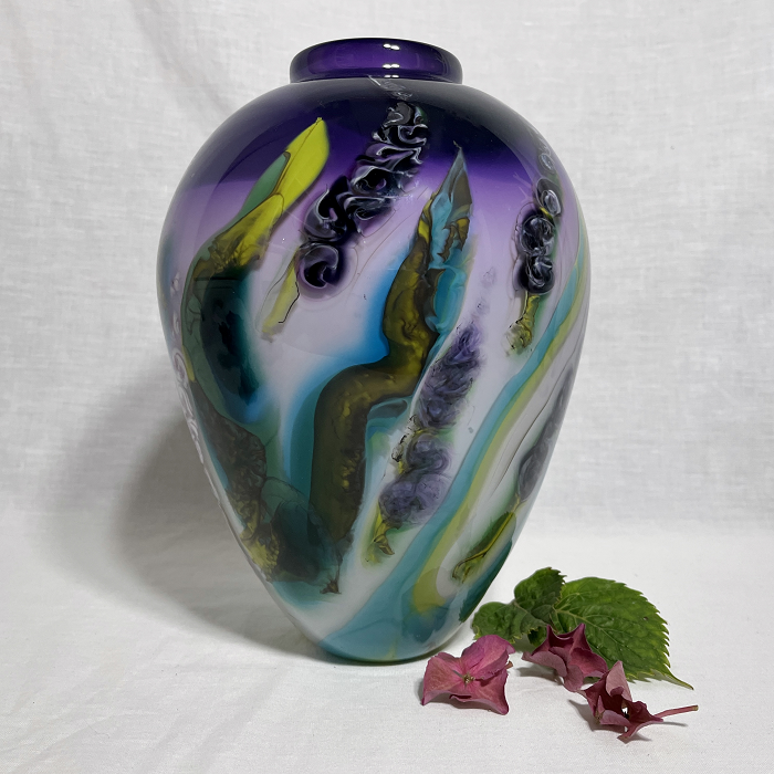 Roberta Easton Purple Foxgloves glass vase Australian artist Town & Country Gallery Gippsland