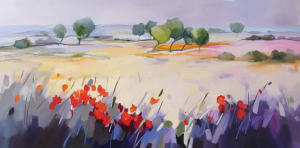 Sara Paxton Poppies in the landscape 76x152cm oil on canvas $3650 cn245