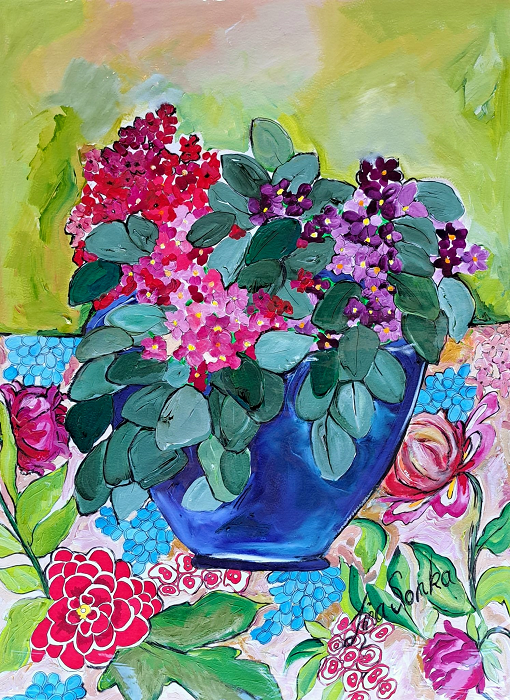 Tina Sonka Carry's African violets on vintage table cloth 76x57cm mixed media on paper - unframed $240 cn225 Australian artist Town & Country Gallery Gippsland