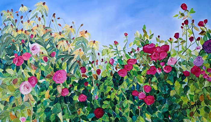 Tina Sonka Cone flowers and roses Australian artist Town & Country Gallery Gippsland