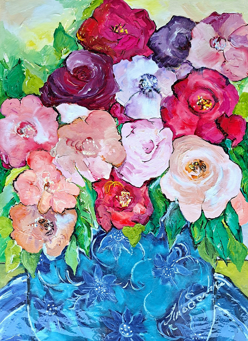 Tina Sonka Delf - Roses 76x57cm mixed media on paper - unframed $240 cn232 Australian artist Town & Country Gallery Gippsland