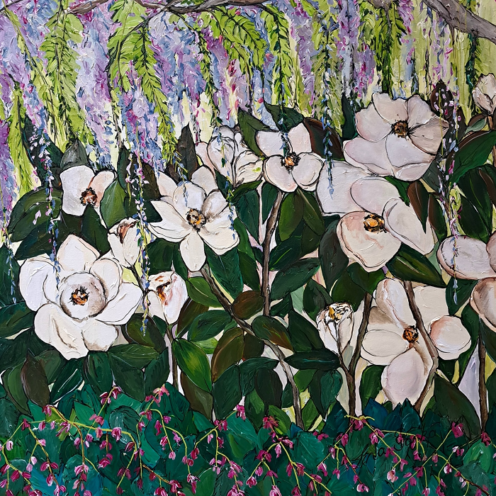 Tina Sonka Magnificent magnolia mixed media on stretched canvas Australian artist Town & Country Gallery Yarragon Gippsland