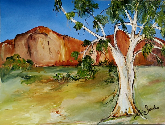 Tina Sonka Majestic gum, Flinders Ranges 56x76cm acrylic on paper Australian landscape artist Town & Country Gallery Gippsland