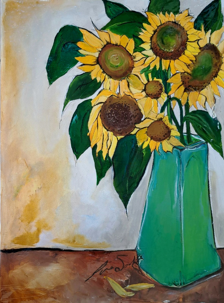 Tina Sonka Sunny - sunflowers in vase Australian artist Town & Country Gallery Gippsland