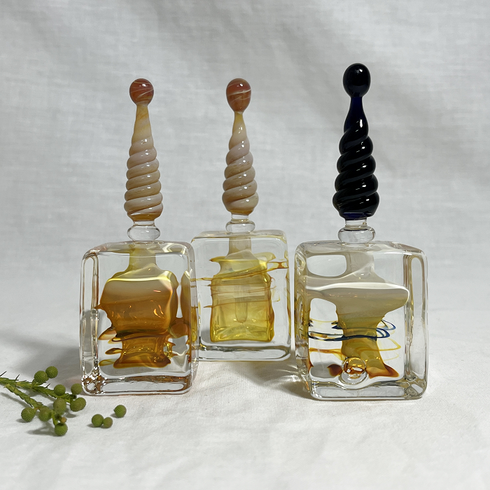 Tony Trivett Cube with spiral stopper handmade glass perfume bottles Australian artist Town & Country Gallery Gippsland